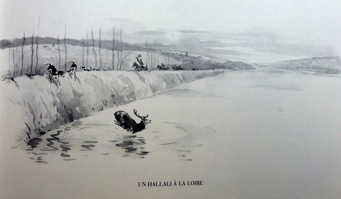 Hallali à la Loire lors d'une chasse du Rallye Francbord - Illustration tirée de l'ouvrage La Vénerie française contemporaine (1914) - Le Goupy (Paris